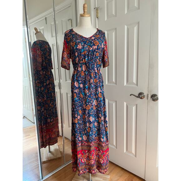 Pretty Garden Multicolor Floral Short Sleeve Cinch Waist Lightweight Maxi Dress - Picture 1 of 11